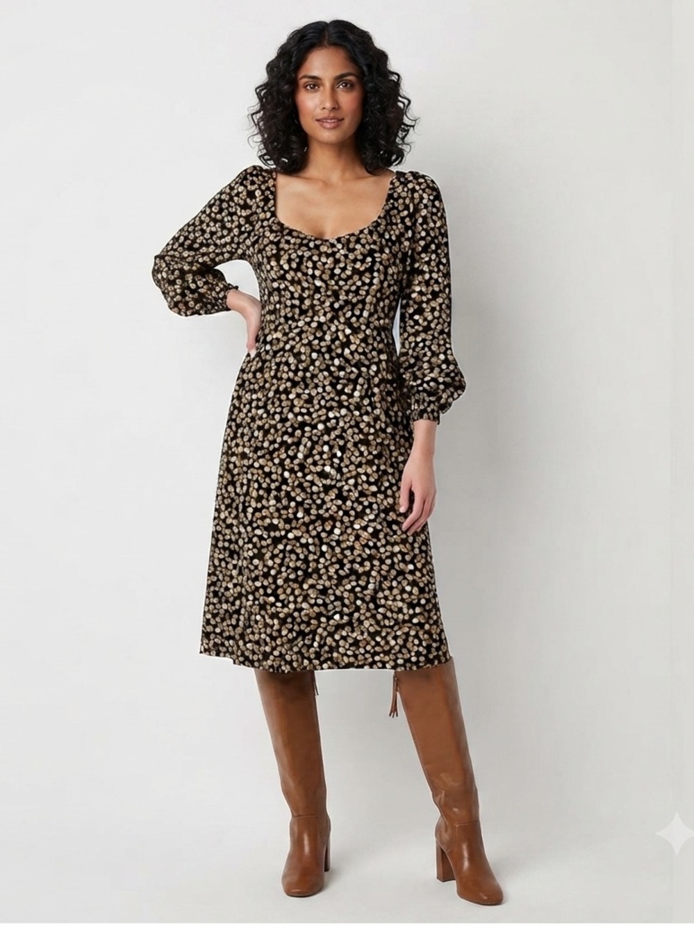a.n.a Womens Long Sleeve Floral Midi A-Line Dress